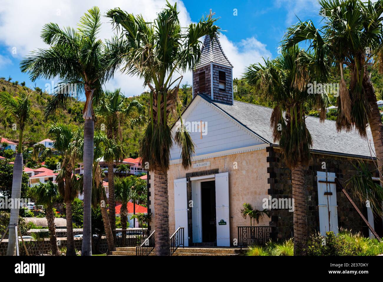 Gustavia, St Barths- 25 aprile 2018. Foto ad angolo laterale della Chiesa Anglicana di San Barth, costruita per la prima volta nel 1855. Solo per uso editoriale. Foto Stock