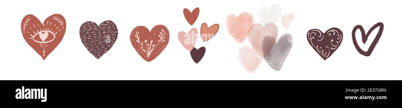 Set di loghi disegnati a mano di Boho Love. Citazioni del giorno di San Valentino per badge in stile boemo, cartoline, sovrapposizioni di foto, biglietti d'auguri, Foto Stock