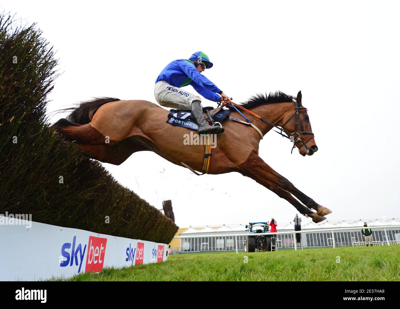 Il ponte sul torrente OWL guidato da jockey Conor McNamara vince lo Sporting Life Beginners Steeplechase all'ippodromo di Punchestown, County Kildare, Irlanda. Foto Stock