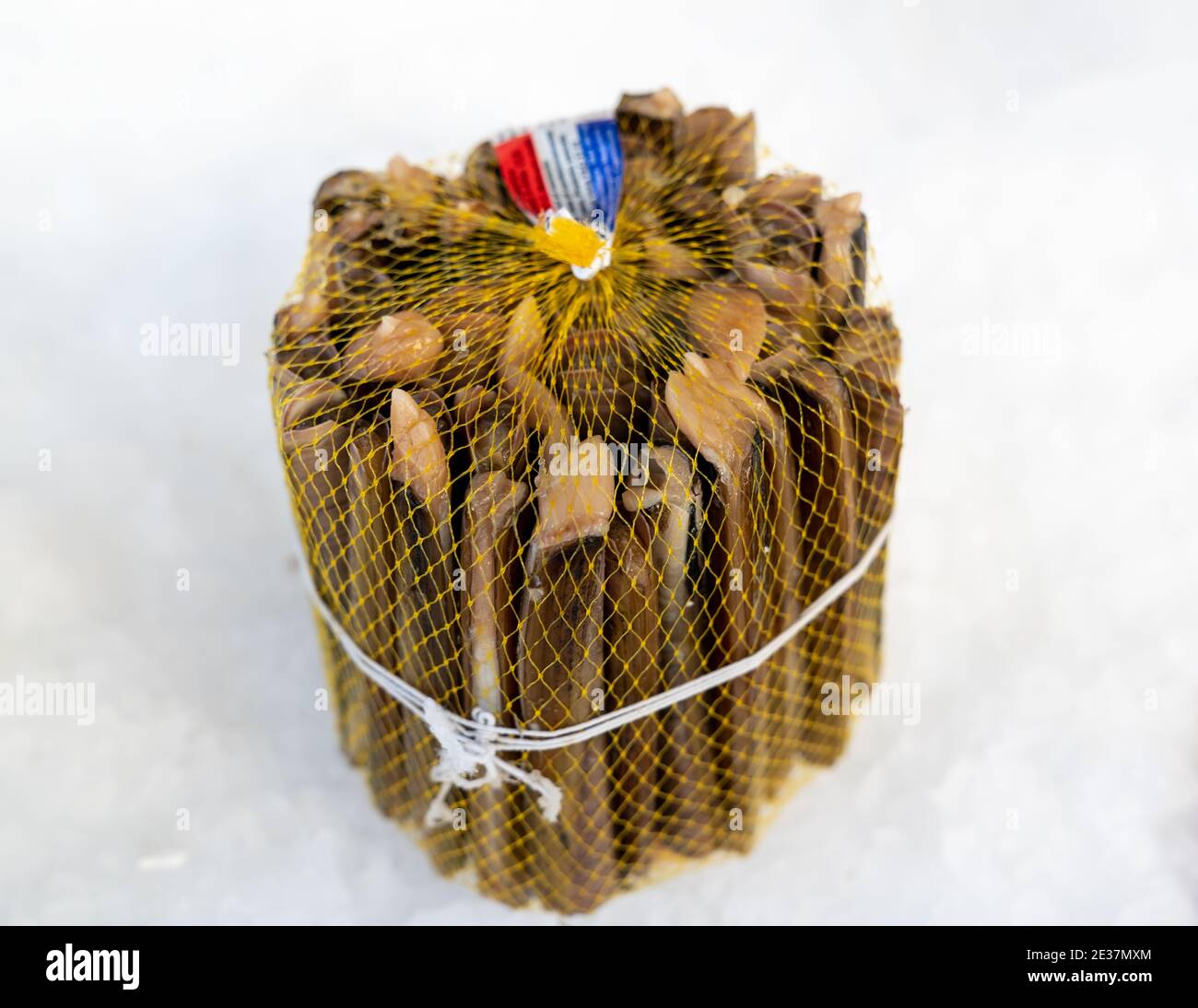 Pila di Solen marginatus, nome comune 'guscio di rasoio scanalato' (italiano: Cannolicchio), venduto sul mercato su ghiaccio, frutti di mare. Foto Stock