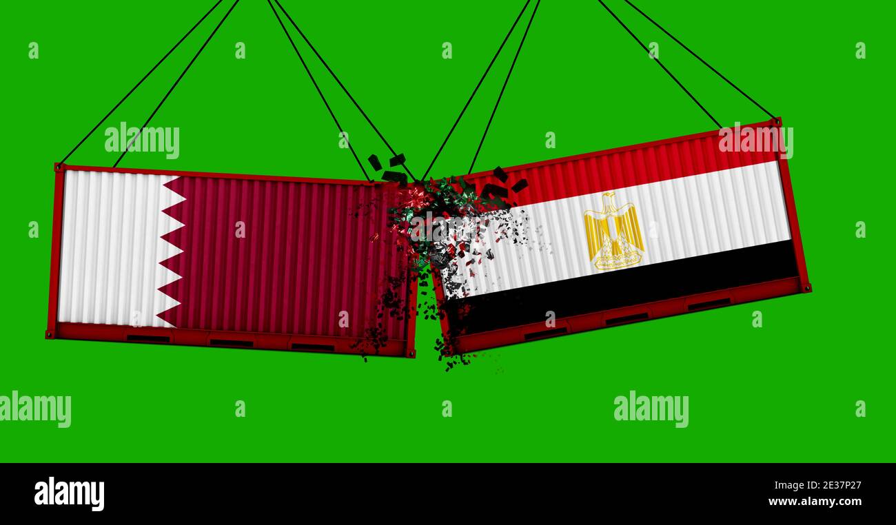 Guerra commerciale. Due contenitori per trasporto con bandiera del Qatar e dell'Egitto che si schiantano nell'altro mare. Schermata 3D rendering (rappresentazione 3D) in verde Foto Stock