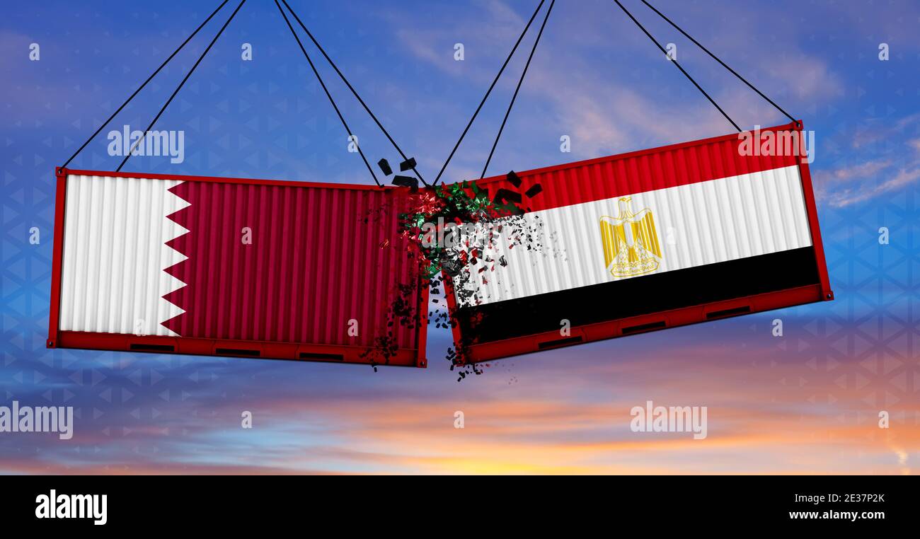 Guerra commerciale. Due contenitori per trasporto con bandiera del Qatar e dell'Egitto che si schiantano nell'altro mare. Rendering 3D Foto Stock