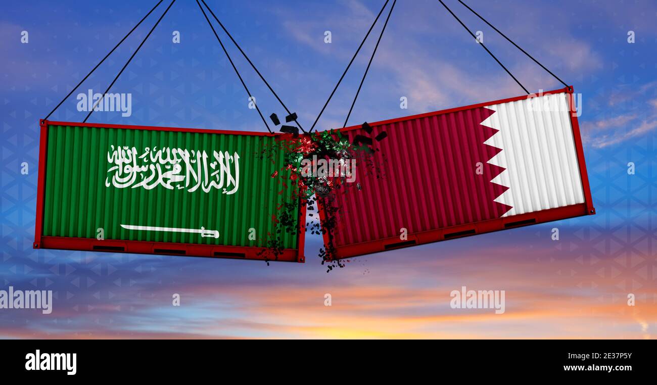 Guerra commerciale. Due container con bandiera del Qatar e dell'Arabia Saudita che si schiantano nell'altro mare. Rendering 3D . Foto Stock