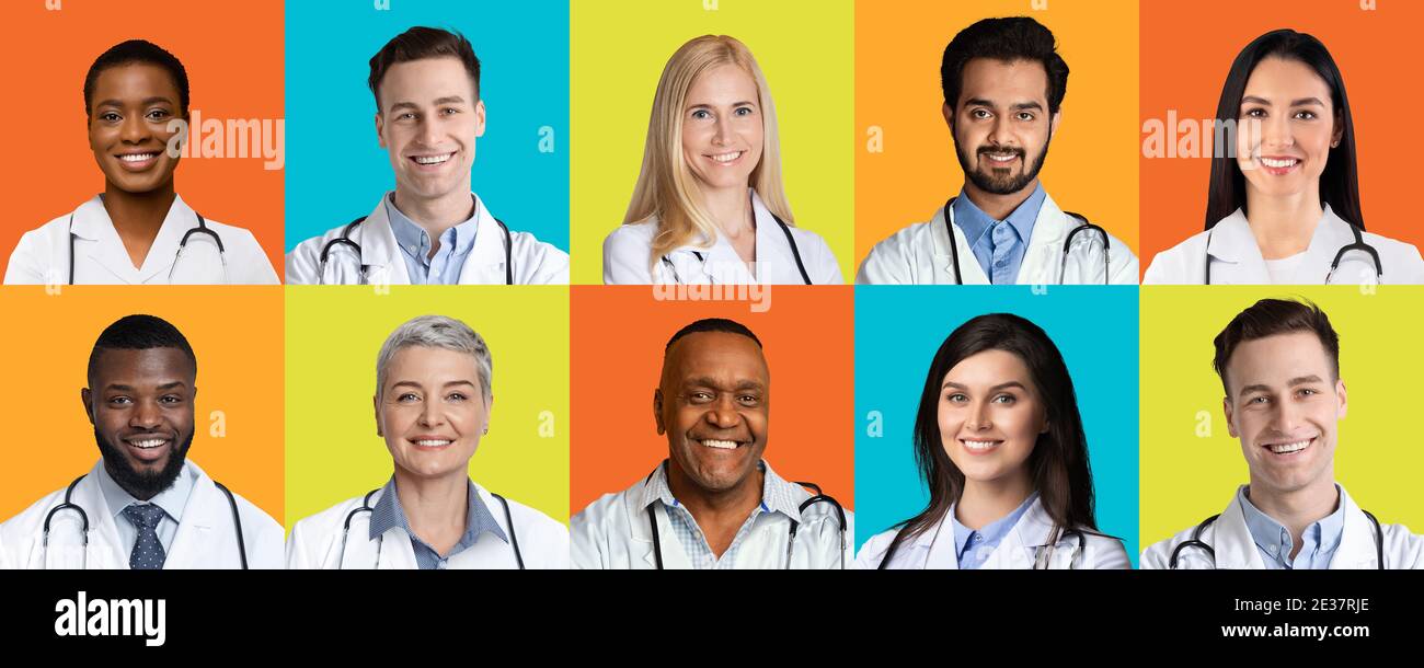 Ritratti di medici di successo multietnici su diversi sfondi colorati, Collage Foto Stock