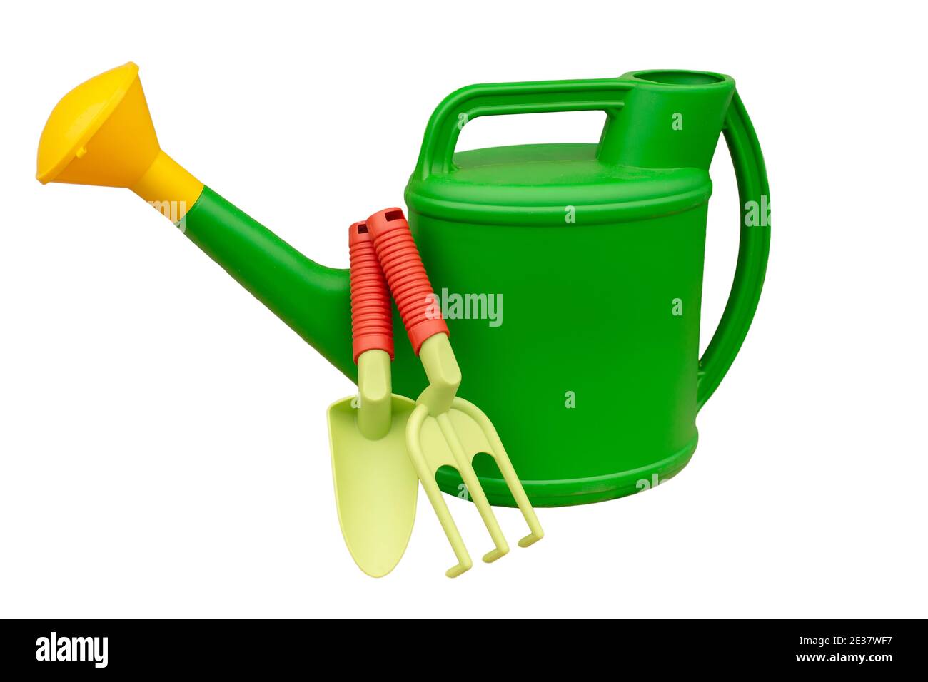 set per il giardinaggio con annaffiatura verde può stare in piedi su bianco a ritroso Foto Stock