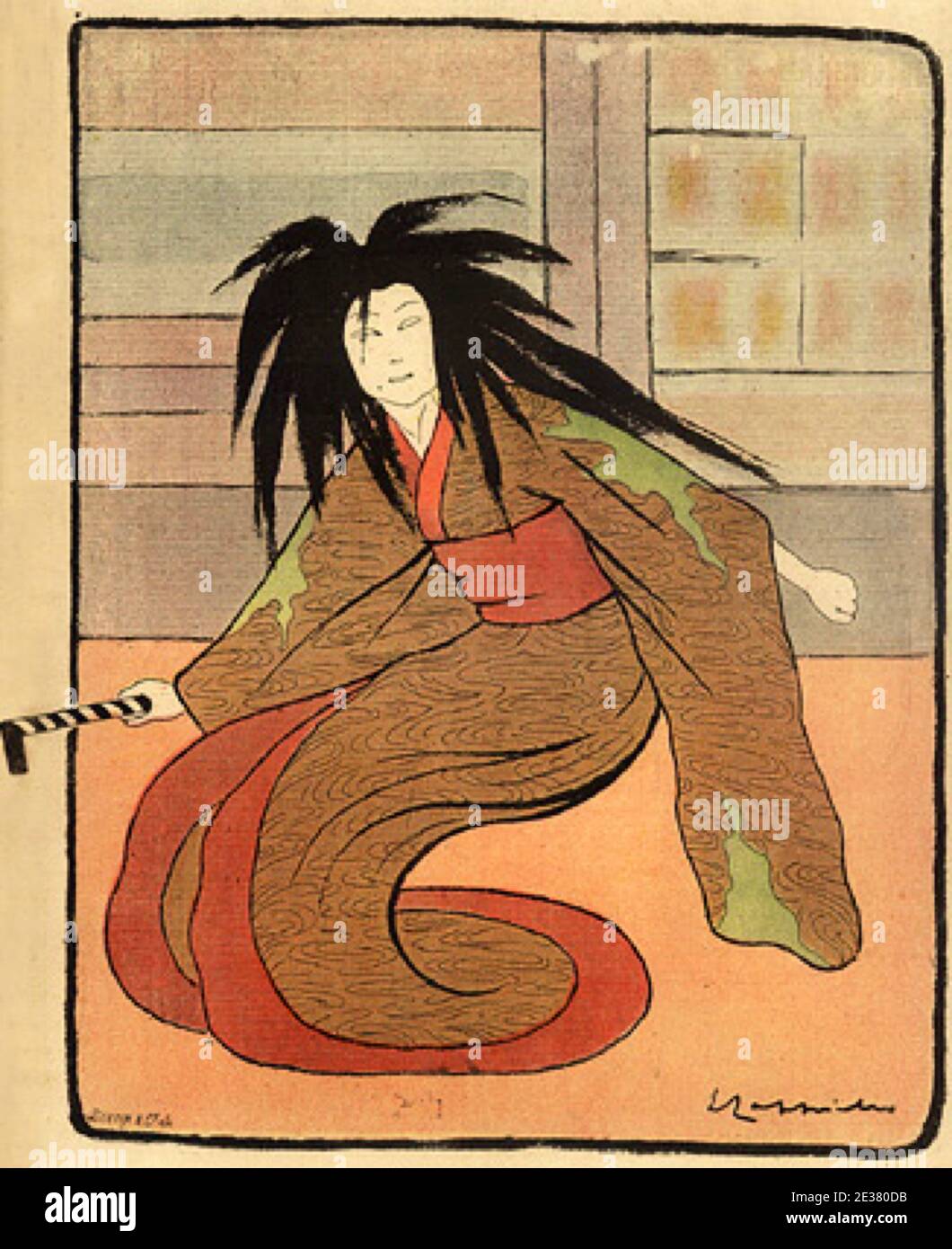 Poster d'epoca di Sada Yakko la geisha giapponese di Leonetto Cappiello. Sada Yakko qui balla/recita con lunghi capelli neri e abiti girevoli. Foto Stock