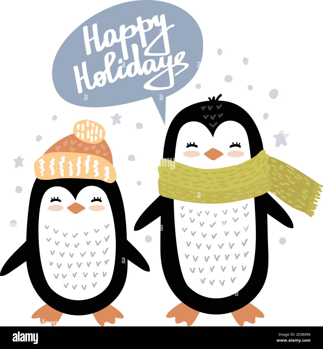 Piccolo pinguino di natale e testo felice inverno. Simpatico vettore illustrazione in stile scandinavo, doodle arte vivaio Illustrazione Vettoriale