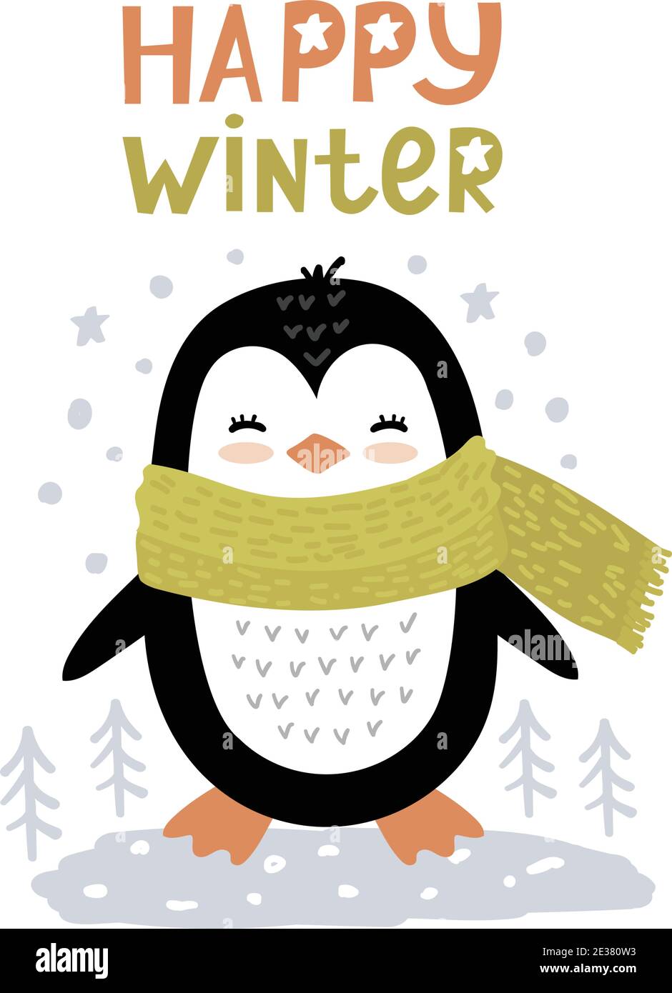 Piccolo pinguino di natale e testo felice inverno. Simpatico vettore illustrazione in stile scandinavo, doodle arte vivaio Illustrazione Vettoriale