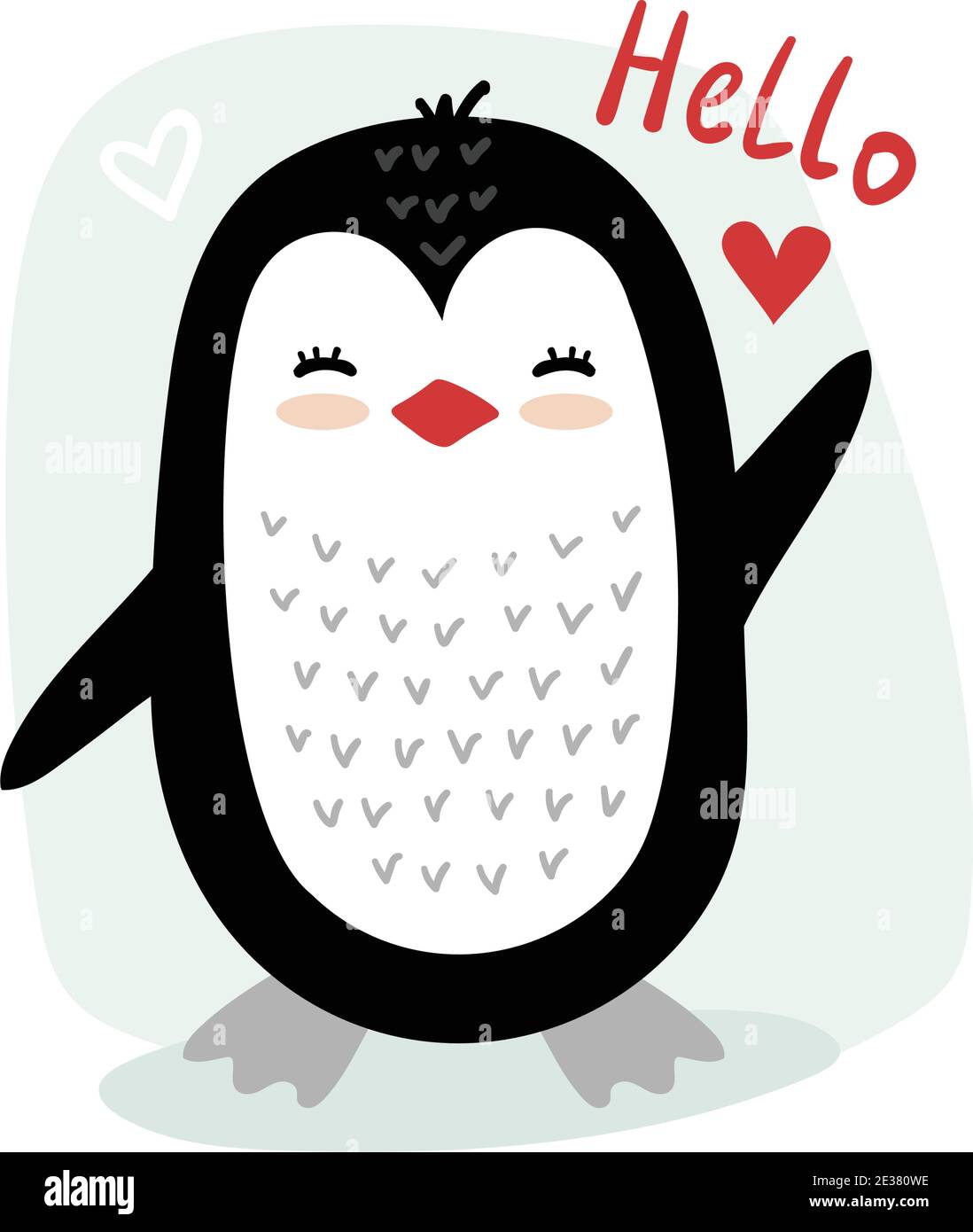 Piccolo pinguino e testo Ciao. Simpatico vettore illustrazione in stile scandinavo, doodle arte vivaio Illustrazione Vettoriale