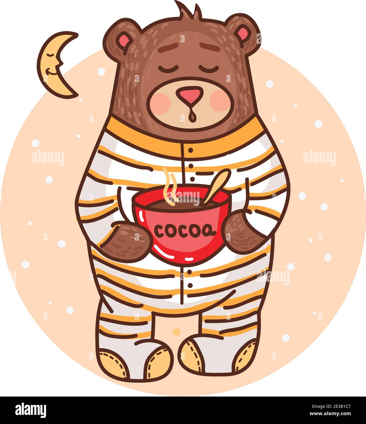 Illustrazione vettoriale con carino orsacchiotto che beve cacao e desiderato buona notte Illustrazione Vettoriale