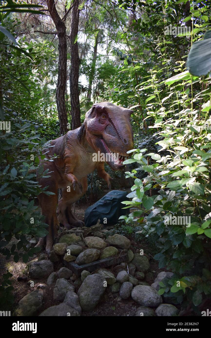 Statua di dinosauro nel parco forestale in background naturale. Modello realistico di Tyranosaurus Rex. Dinopark in Turchia, Goynuk. Era preistorica Tyrannosauru Foto Stock