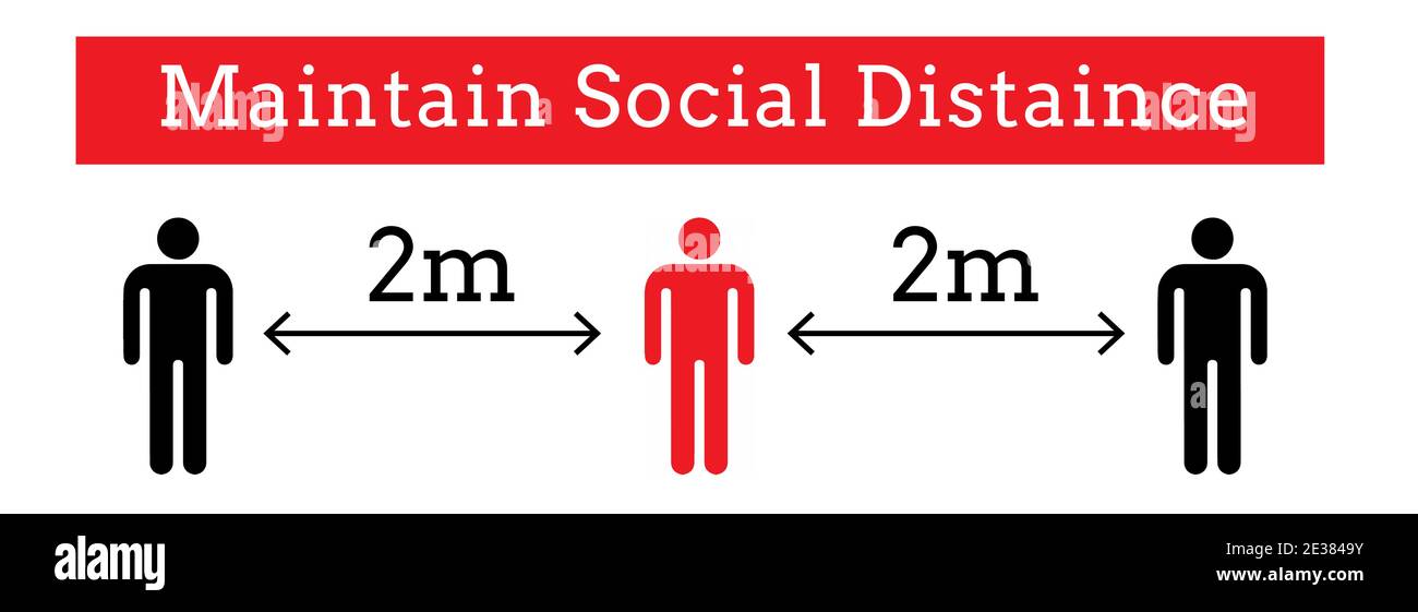 Mantenere la distanza sociale di 2 metri da chiunque intorno a voi Segno per impedire la diffusione COVID-19 Illustrazione Vettoriale