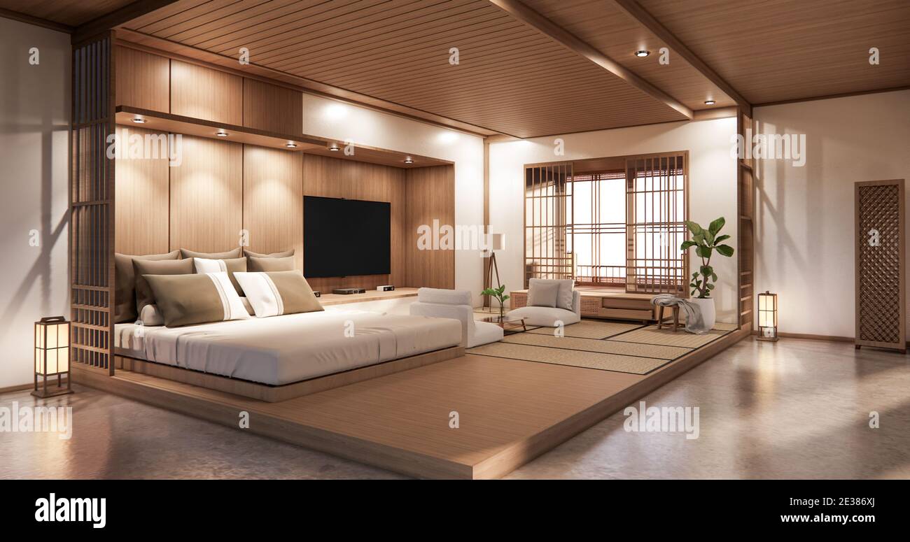Camera da letto dal design giapponese, con interni tropicali e pavimento in  tatami. Rendering 3D Foto stock - Alamy