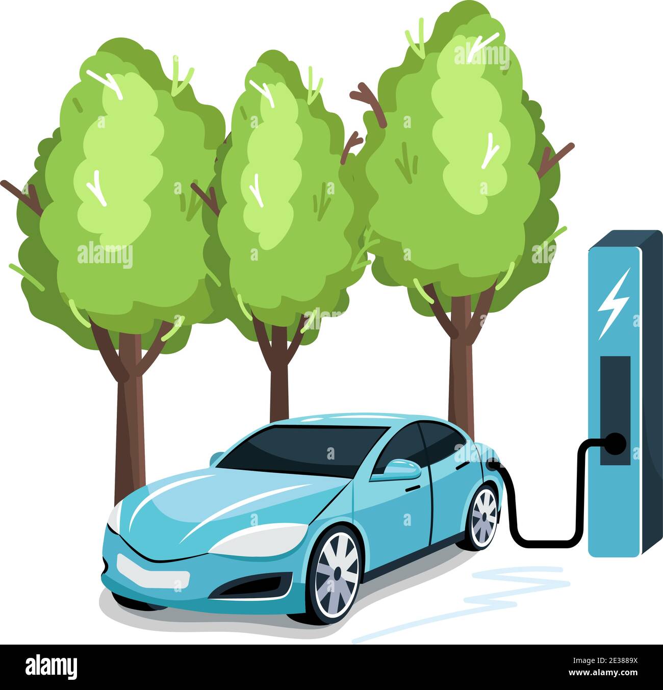 Ricarica dell'auto elettrica all'esterno della centrale elettrica di rifornimento. Tecnologia moderna e concetto di tutela dell'ambiente. Illustrazione vettoriale di stile piatto isolata su Illustrazione Vettoriale