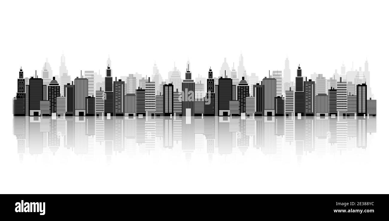 Set di silhouette cittadine. Paesaggio urbano. Skyline della città. Panorama. Midtown ospita grattacieli. Illustrazione vettoriale. Illustrazione Vettoriale