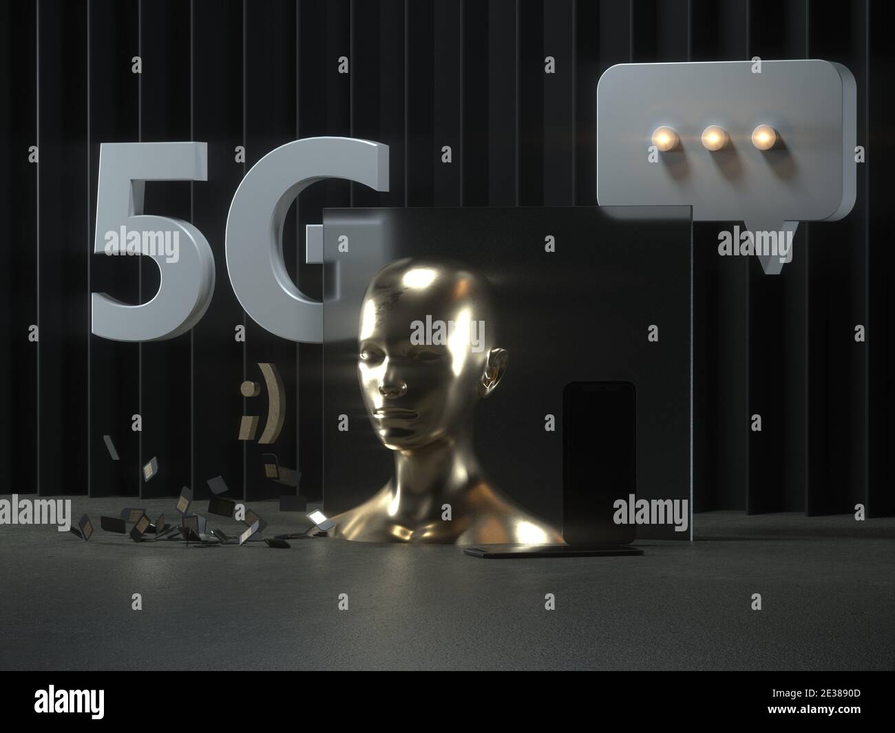 Tecnologia di comunicazione mobile wireless 5G. Connessione di dispositivi mobili Internet of Things. Tecnologia per smartphone. Foto Stock