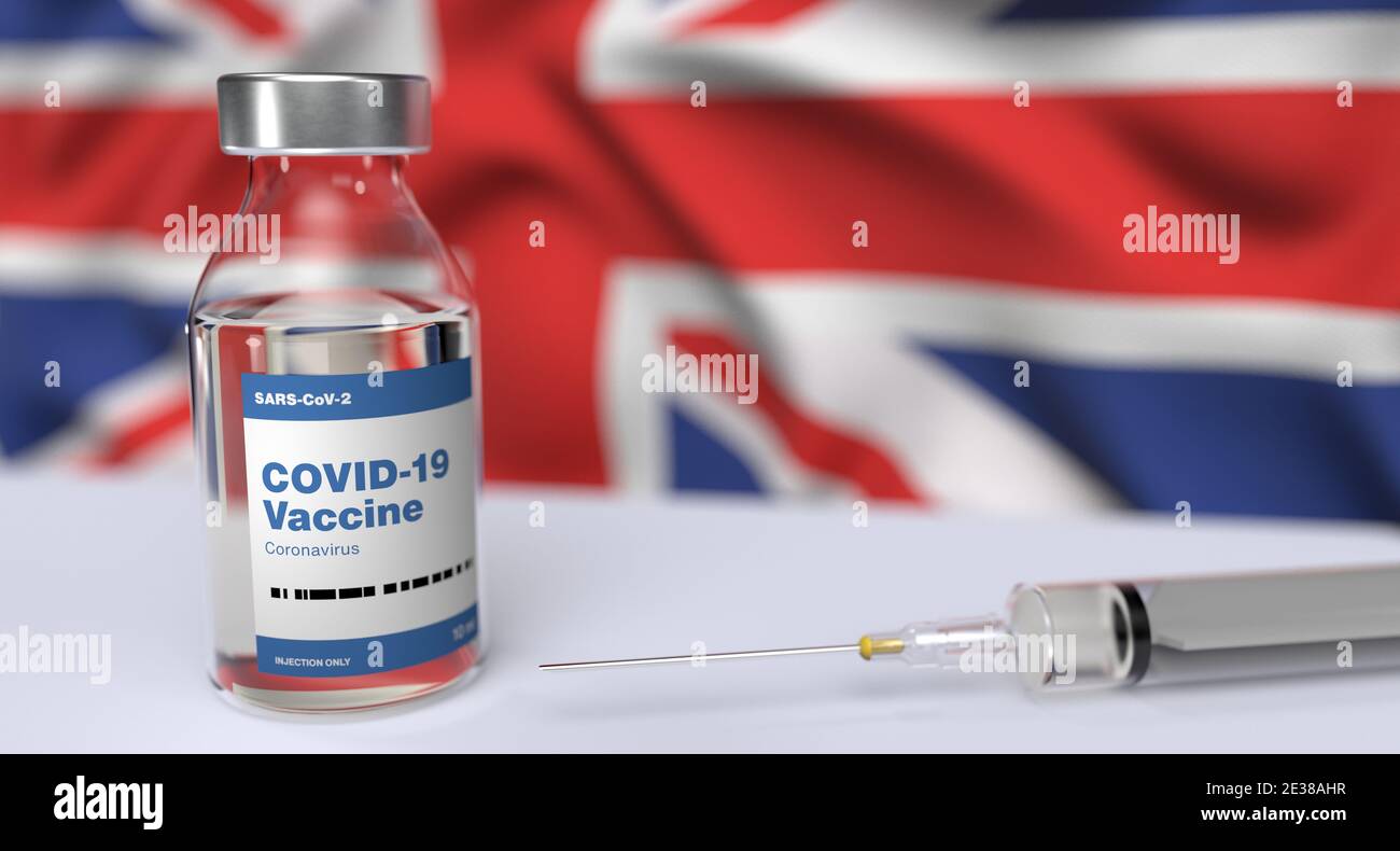 Vaccino COVID-19, vaccino Coronavirus, vaccinazione, cura, flacone e ago. Bandiera britannica Foto Stock