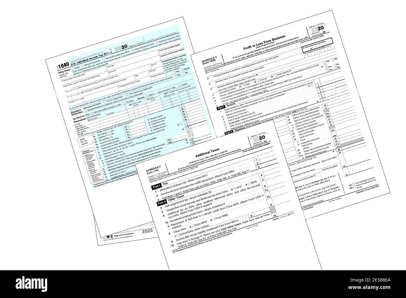 2020 moduli fiscali IRS su sfondo bianco. Foto Stock