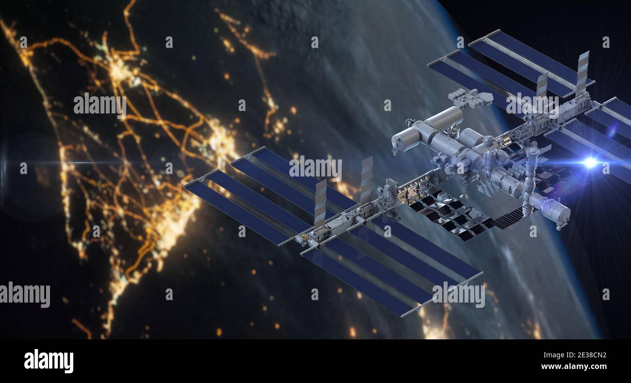 Stazione spaziale Internazionale, satellite, spazio esterno, astronauta. Elementi di questa immagine forniti dalla NASA. Foto Stock
