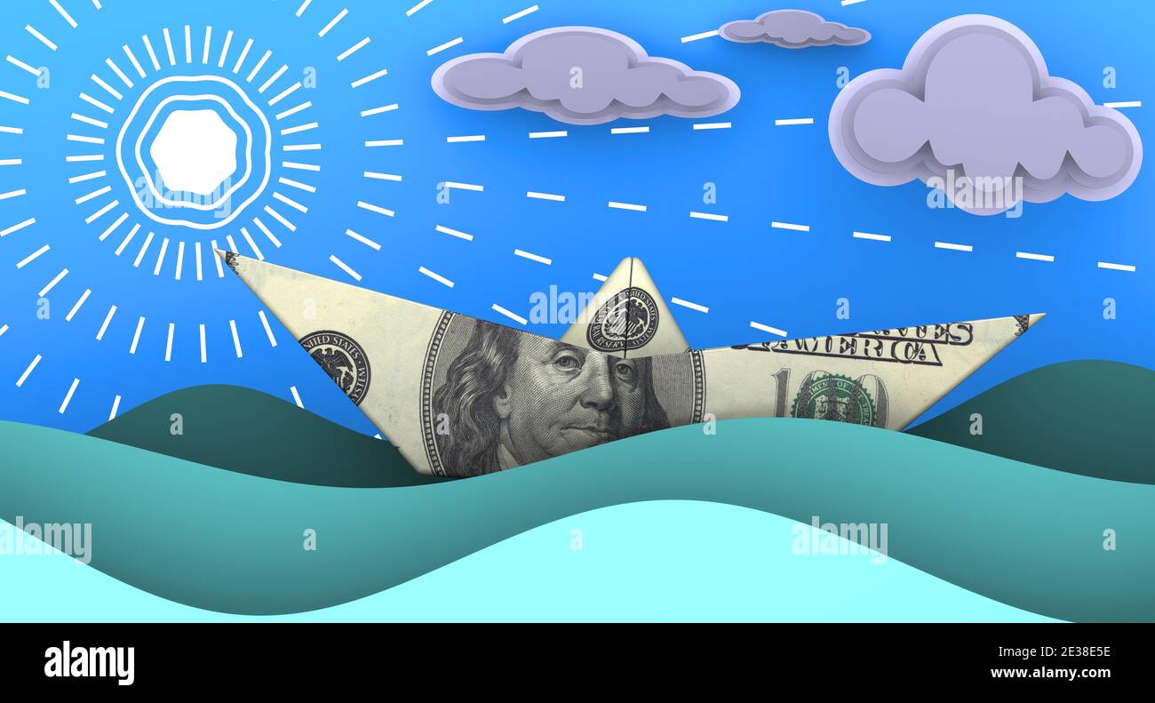 Le banconote statunitensi come una barca di carta galleggia sulle onde dell'oceano sullo sfondo del cielo blu, delle nuvole e del sole. Illustrazione 3D Foto Stock