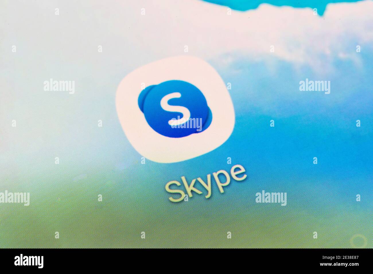 Un primo piano del logo dell'app per Skype - A. applicazione proprietaria di telecomunicazioni specializzata nella fornitura di video chat e. chiamate vocali Foto Stock