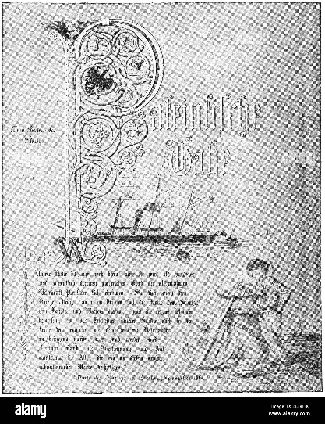 Discorso di Guglielmo i, imperatore tedesco che commemora il relitto di SMS Amazzone (1843) nel novembre 1861 al largo delle coste olandesi. Illustrazione del 19 ° secolo. Germania. Sfondo bianco. Foto Stock