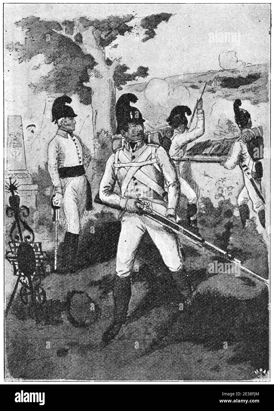 Reggimento tedesco di fanteria dell'esercito Unito di Austria-Ungheria (1805). Illustrazione del 19 ° secolo. Germania. Sfondo bianco. Foto Stock