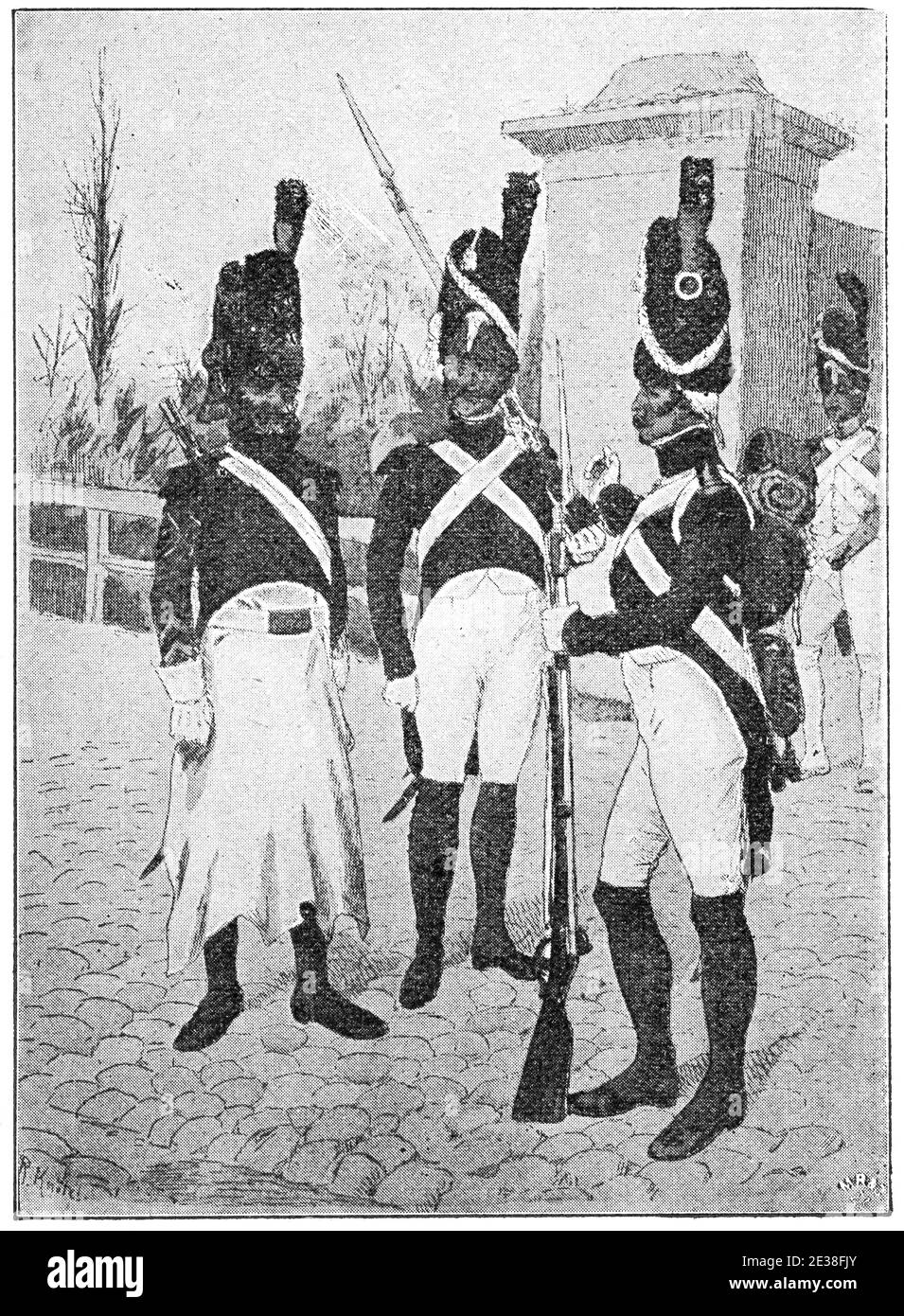 Guardia Francese (1806). Illustrazione del 19 ° secolo. Germania. Sfondo bianco. Foto Stock
