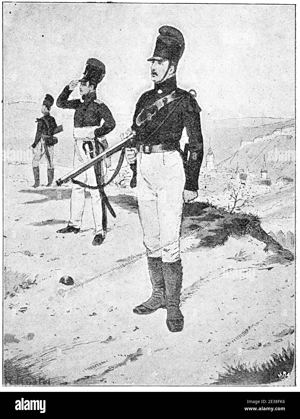 Combattenti grenadier prussiani (1807). Illustrazione del 19 ° secolo. Germania. Sfondo bianco. Foto Stock