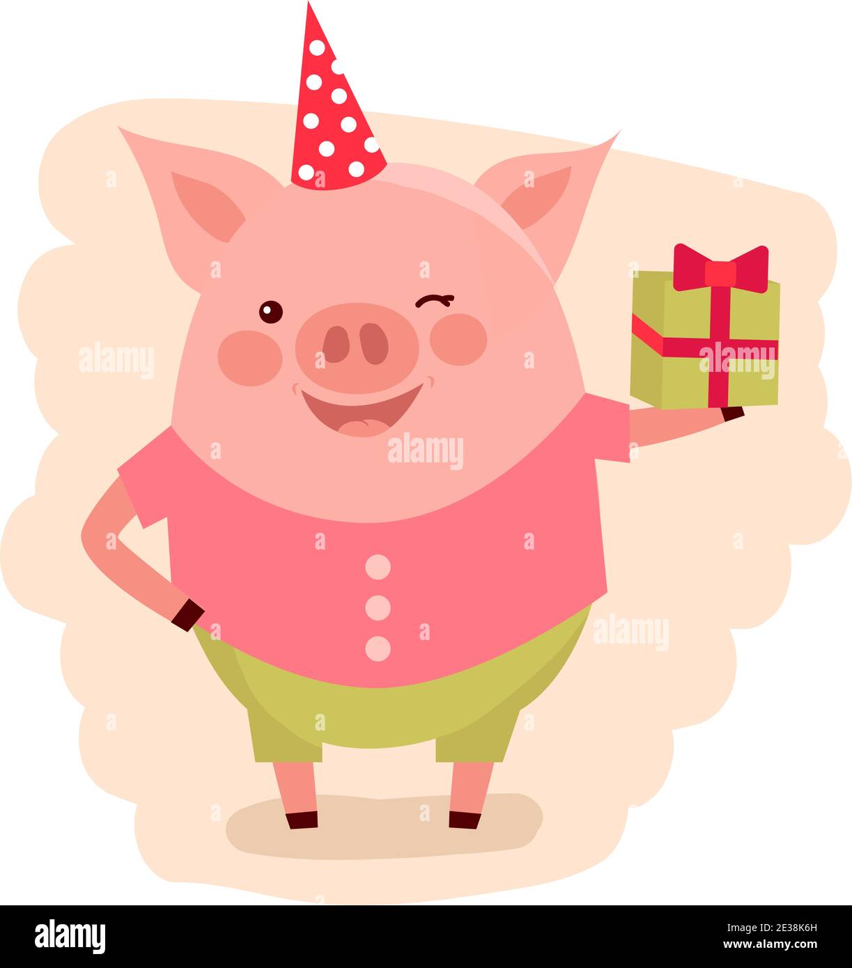 Buon biglietto d'auguri per il compleanno. Happy Pig con regalo colorato. Illustrazione vettoriale. Illustrazione Vettoriale