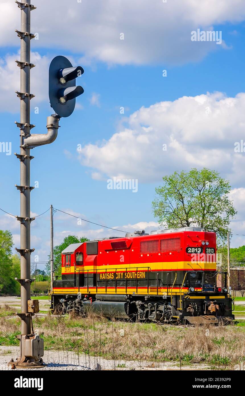 Un treno della Kansas City Southern Railway si trova al Corinth Train Depot e Crossroads Museum, 25 marzo 2012, a Corinth, Mississippi. Foto Stock