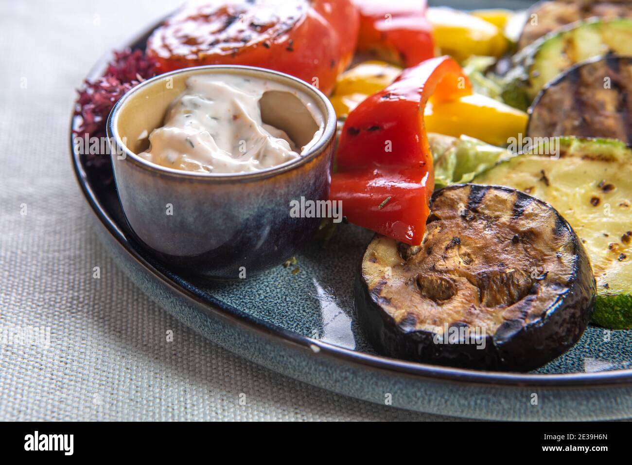 Verdure alla griglia: Melanzane, pomodori, peperoni e salsa su piatti su sfondo bianco isolato. Primo piano. Foto Stock
