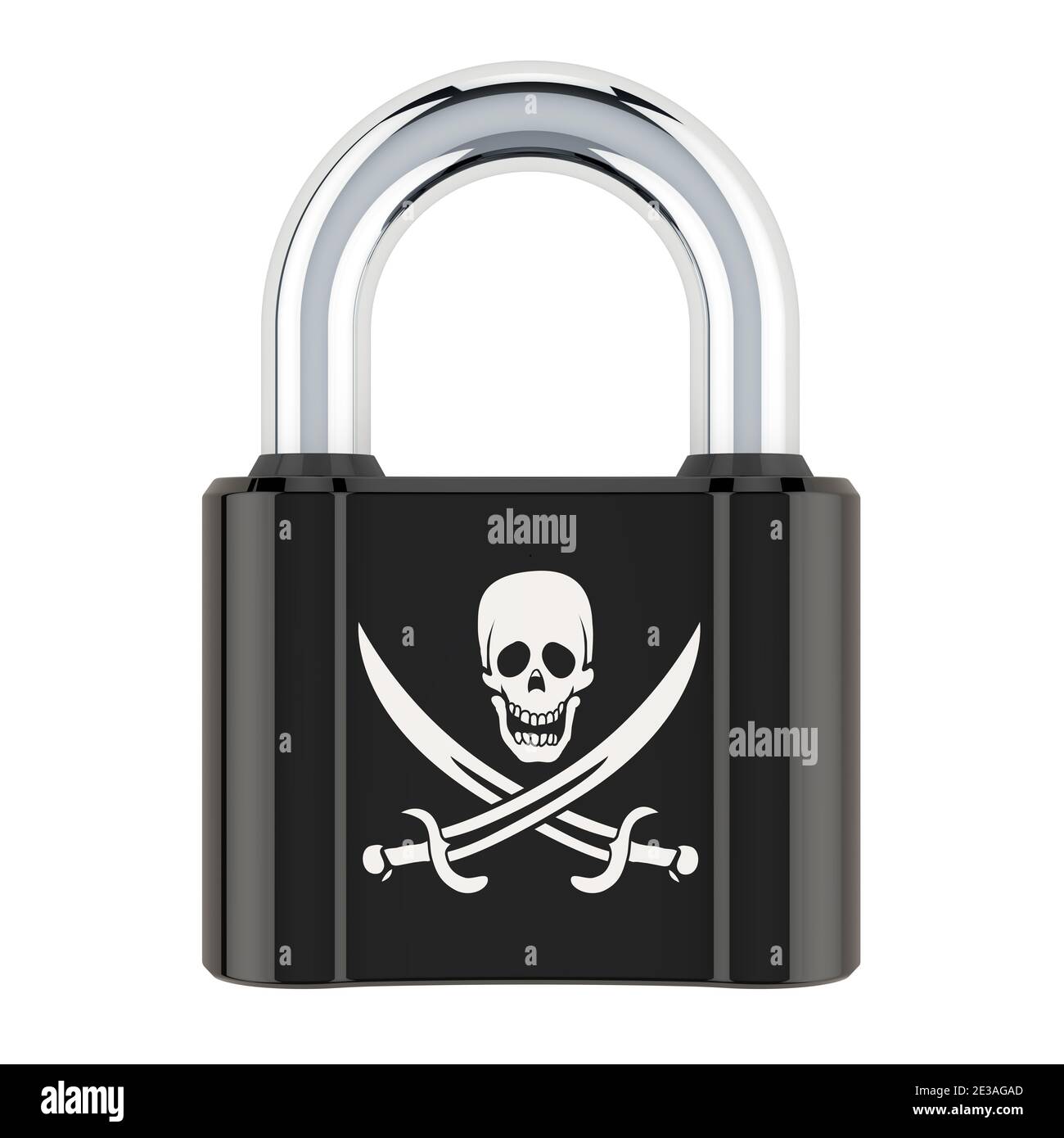 Lucchetto con bandiera pirateria, rendering 3D isolato su sfondo bianco Foto Stock