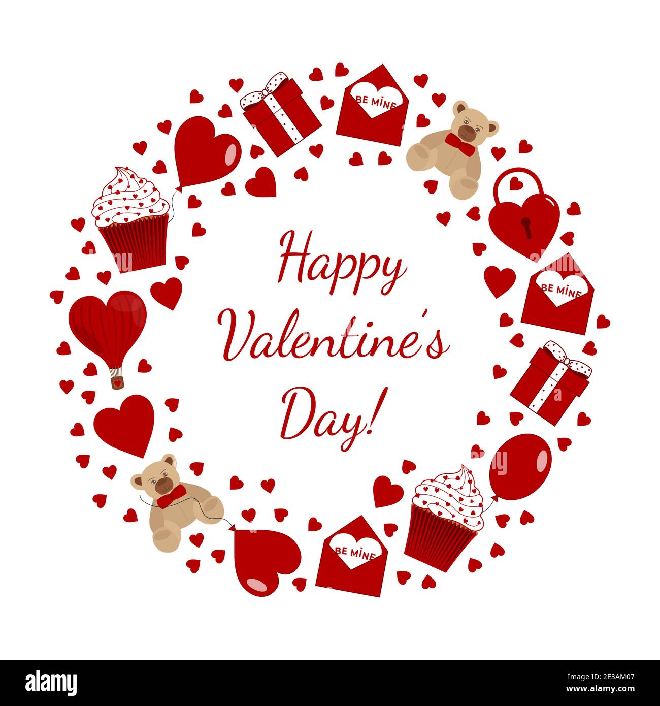 Buon giorno di San Valentino amore elementi rossi impostato su sfondo bianco. Cuori, regali, cupcakes, serrature, palloncini, orsi per il giorno della madre, compleanno, matrimonio. Illustrazione Vettoriale