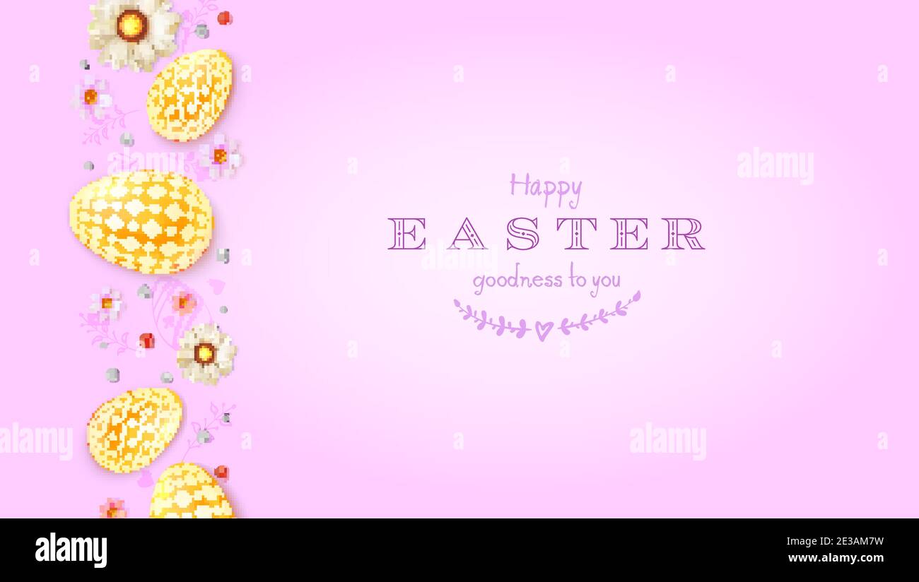 Buona Pasqua saluti Card. Modello astratto con uova pasquali dorate, perle e fiori di primavera. Illustrazione vettoriale 3d. Illustrazione Vettoriale