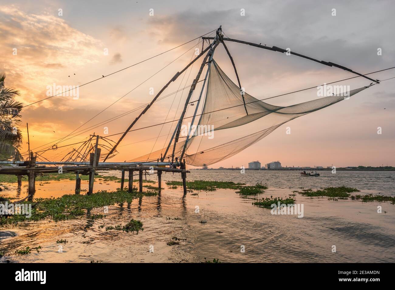 Rete cinese di pesca all'alba a Cochin, Kerala, India Foto Stock