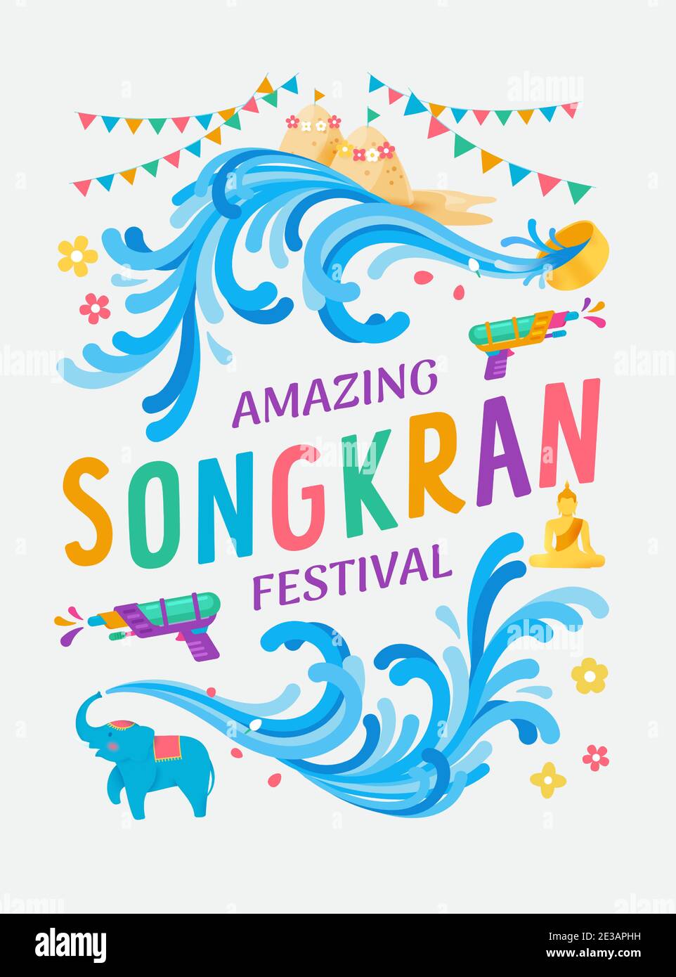 Incredibile Songkran festival Thailandia acqua splash vettore illustrazione, pistola ad acqua e ciotola d'acqua e simpatico elefante spruzzi la celebrazione dell'acqua, tailandese Illustrazione Vettoriale