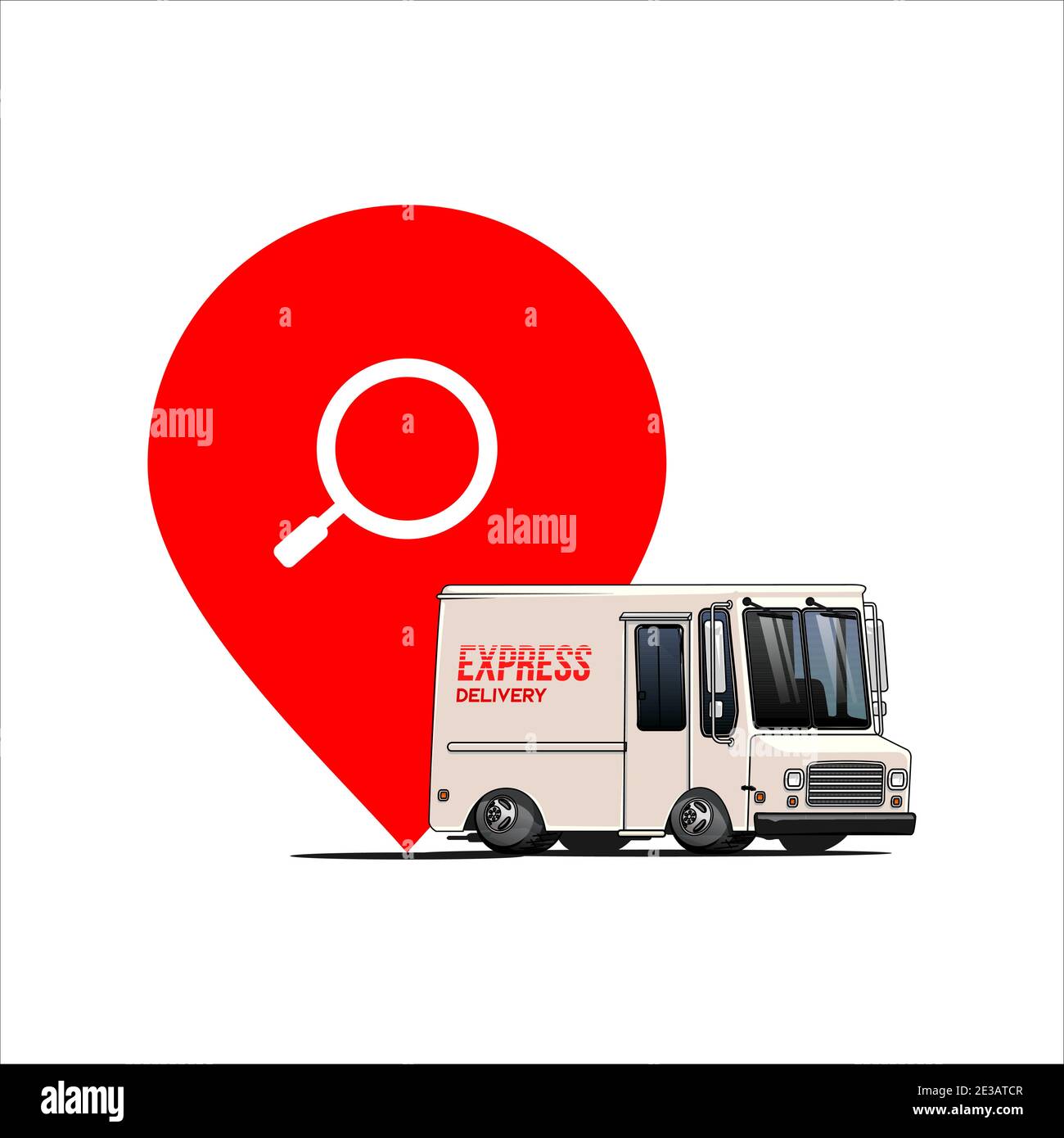 tracciamento della consegna. delivevery furgone davanti alla posizione del pin e immagine vettoriale dell'icona di ricerca Illustrazione Vettoriale