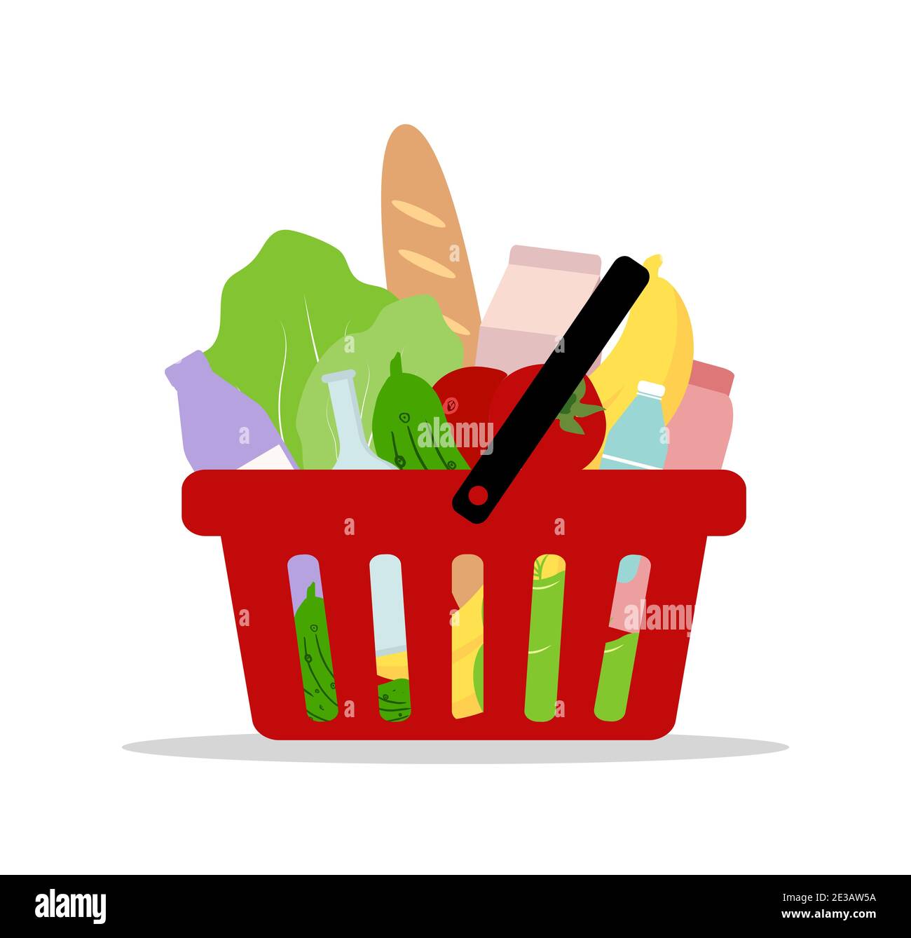 Carrello. Set di prodotti alimentari all'interno del cestello rosso. Consegna di generi alimentari. Moderna illustrazione vettoriale in stile cartoon piano Illustrazione Vettoriale