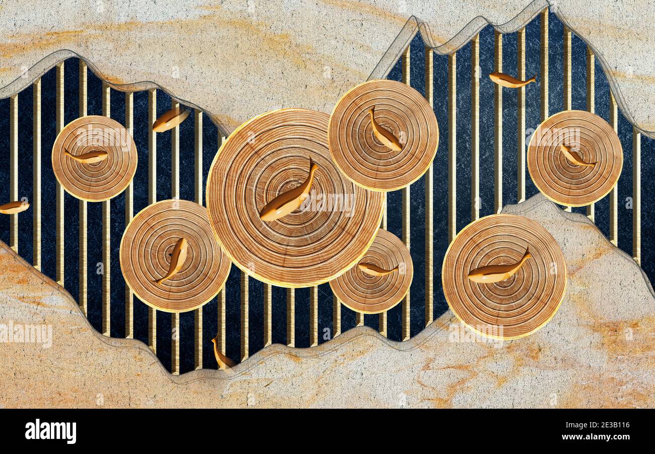 Illustrazione astratta con una parete ondulata, linee verticali, cerchi in legno e pesci rossi Foto Stock