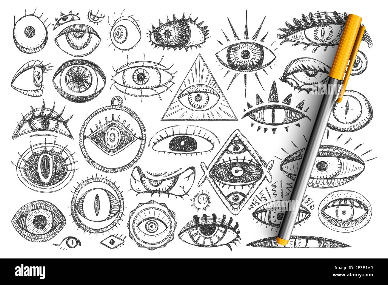 Set di doodle magici e freemasonry. Raccolta di occhi spirituali disegnati a mano e simboli magici per l'occultismo isolati su sfondo trasparente Illustrazione Vettoriale