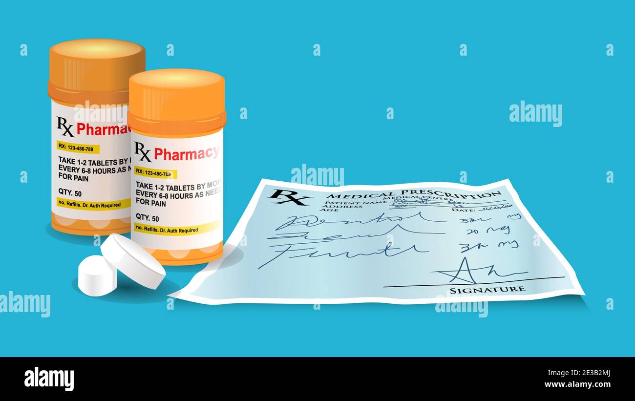 farmaco isolato con prescrizione medica vettore semplice stile piatto illustrazione su sfondo blu moderno Illustrazione Vettoriale