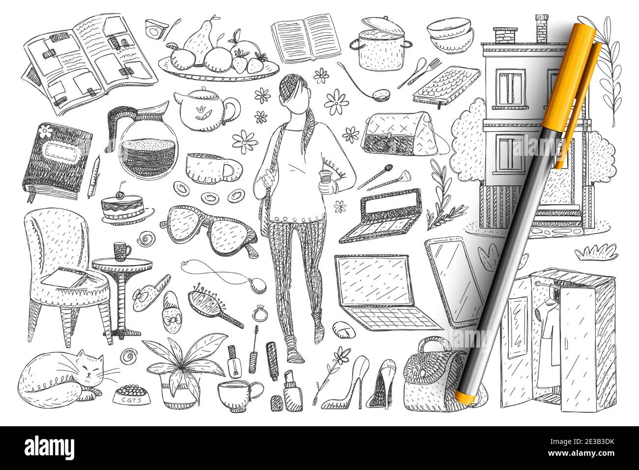 Set di doodle essenziali per la vita quotidiana e femminile. Collezione di donna e gatto disegnati a mano, vestiti, calzature, guardaroba, stoviglie, cosmetici, accessori, gatto, dettagli della casa isolati su sfondo trasparente Illustrazione Vettoriale