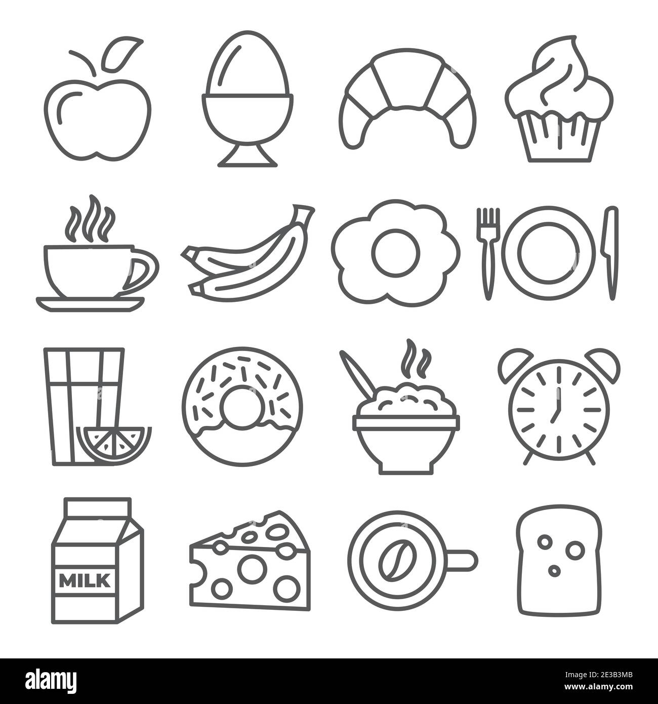 Icone della prima colazione e della linea del mattino su sfondo bianco Illustrazione Vettoriale