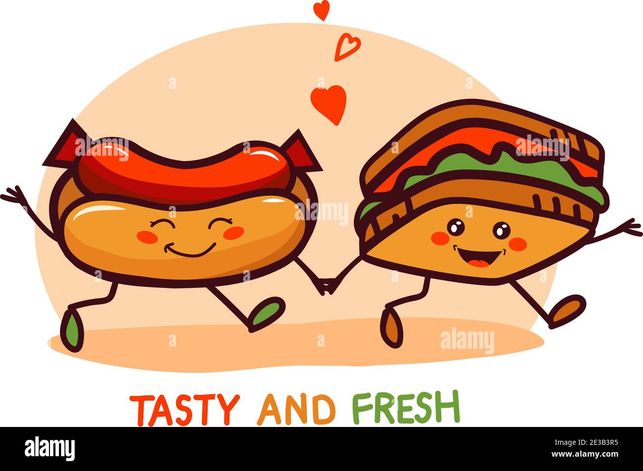 Carino cartone animato sorridente sandwich con hot dog, per il fast food design, come un logo o illustrazione per il food-design. Illustrazione Vettoriale