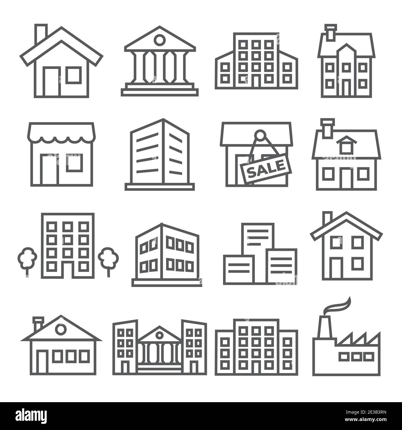 Icone della linea edifici e case su sfondo bianco Illustrazione Vettoriale