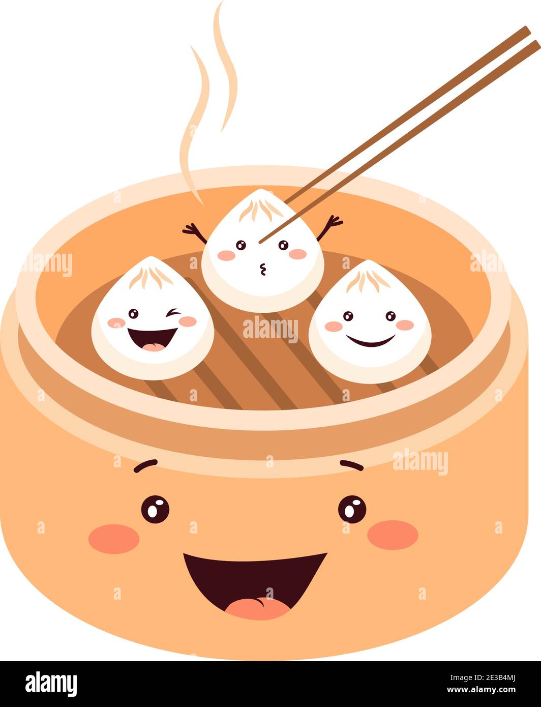 Carino fumetto Dim Sum, gnocchi cinesi tradizionali, con volti sorridenti. Illustrazione del vettore alimentare asiatico. Illustrazione Vettoriale