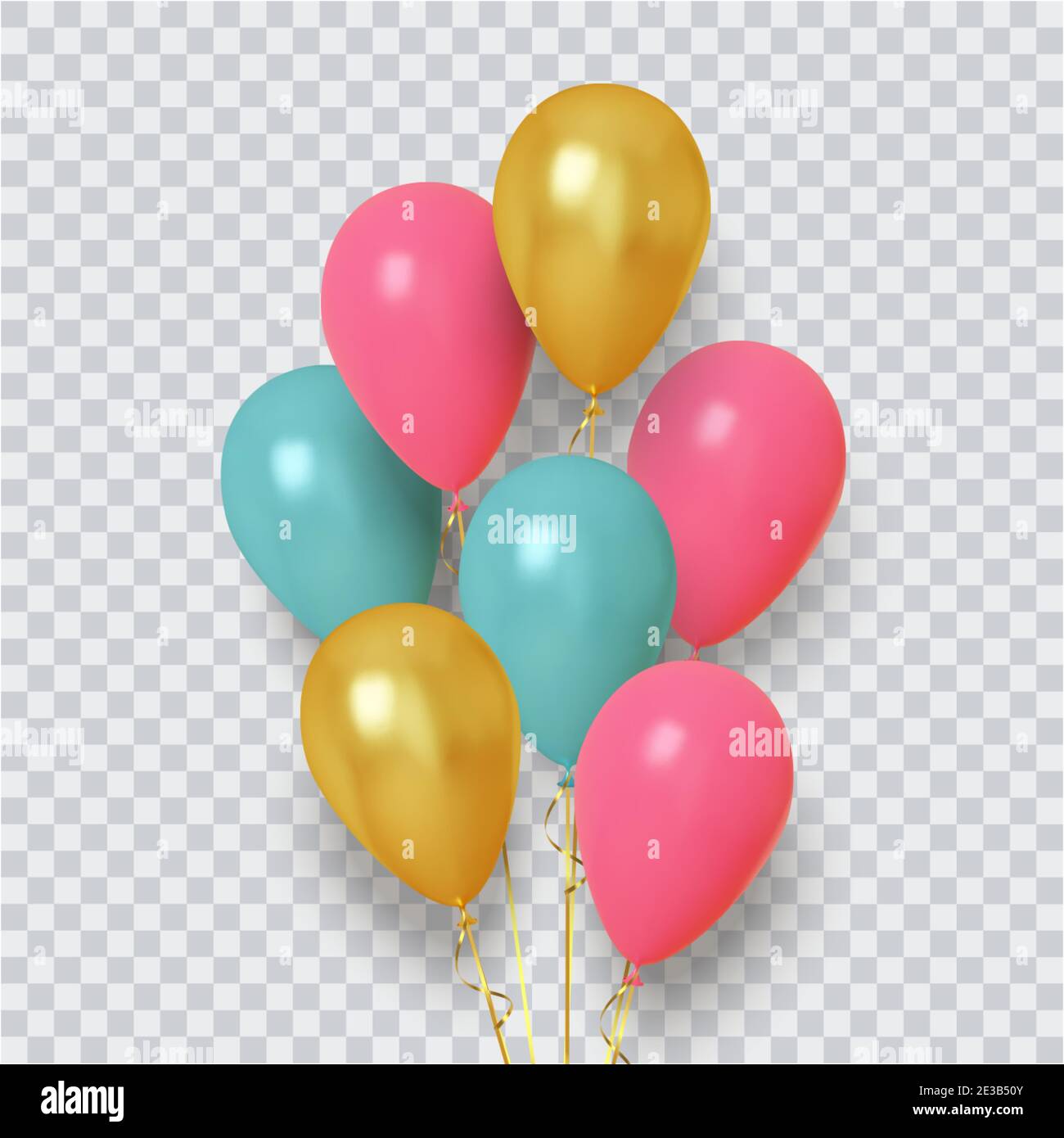 Gruppo realistico di palloncini di rosa, blu e oro su sfondo trasparente. Vettore Illustrazione Vettoriale