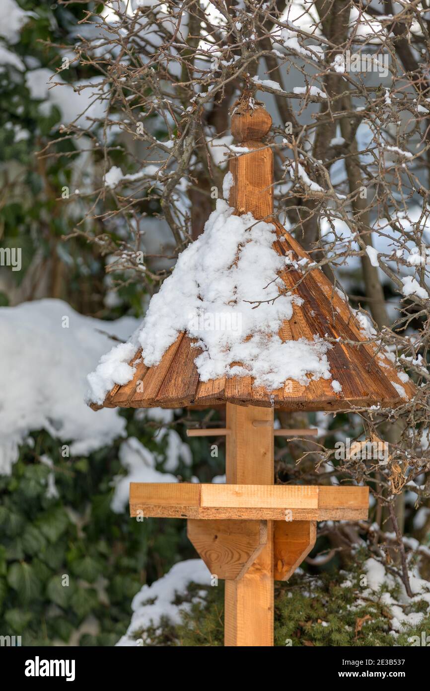casa birdhouse in legno o alimentatore installato sul giardino d'inverno in giornata innevata Foto Stock