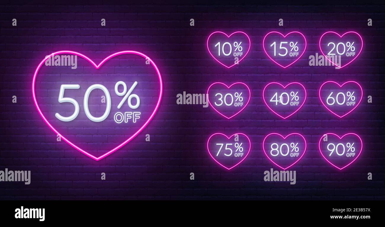 Sconto di San Valentino sul design al neon. 10, 15, 20, 30,40,50, 60, 75, 80, 90% di sconto . Segni al neon in una cornice a forma di cuore . Illustrazione Vettoriale